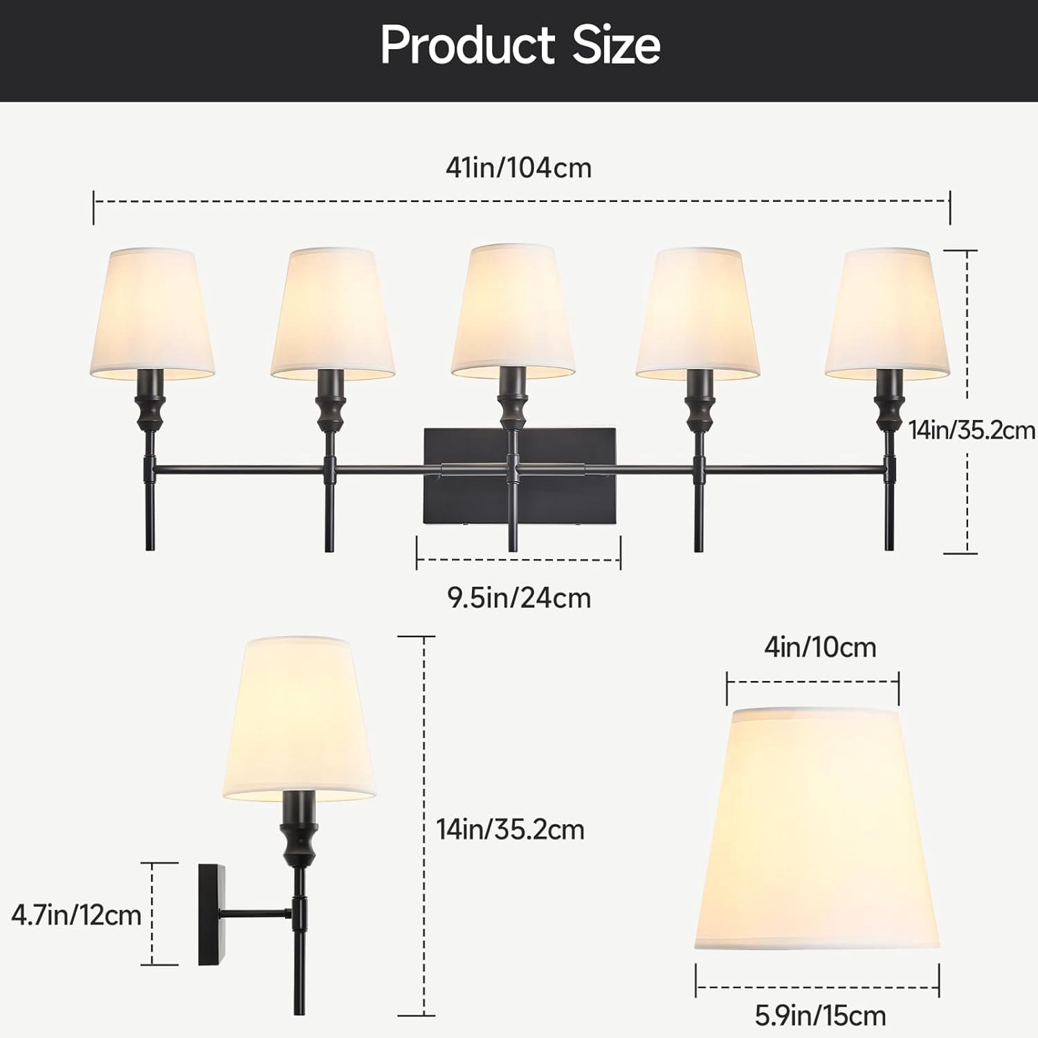 5-Light Vanity Lights for Bathroom,41 in Vintage Black Bathroom Vanity Light Fixtures,with Flared White Fabric Lampshade for Bedroom,Living Room,Foyer,Hardwired,E12 Base