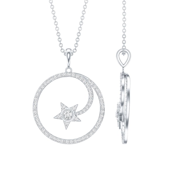 Rosec Jewels Lab Diamond Circle Necklace with Shooting Star - Diamond Eternity Pendant with Chain (EF-VS Quality), 925 Sterling Silver