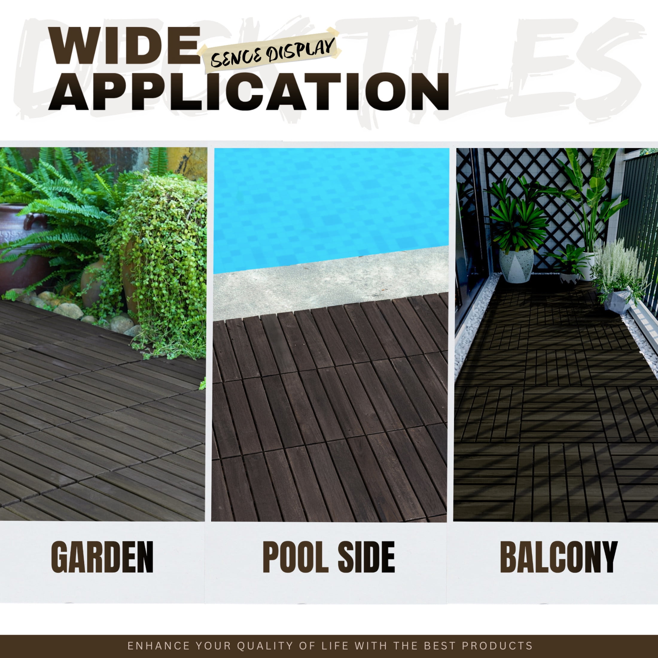 Noble House 12" Striped Acacia Wood Interlocking Square Deck Tiles, Weather Resistant Outdoor Flooring, Dark Brown, 10 PCS