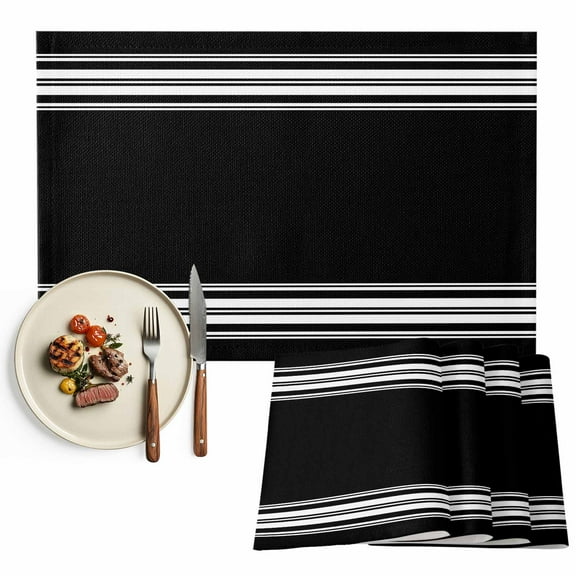 Placemats Set of 6, Black Striped Place Mats Black White Stripes Tablemats Washable Placemat Table Decoration for Kitchen Table Dinner Party Home Decor Indoor Outdoor 13x19 Inch