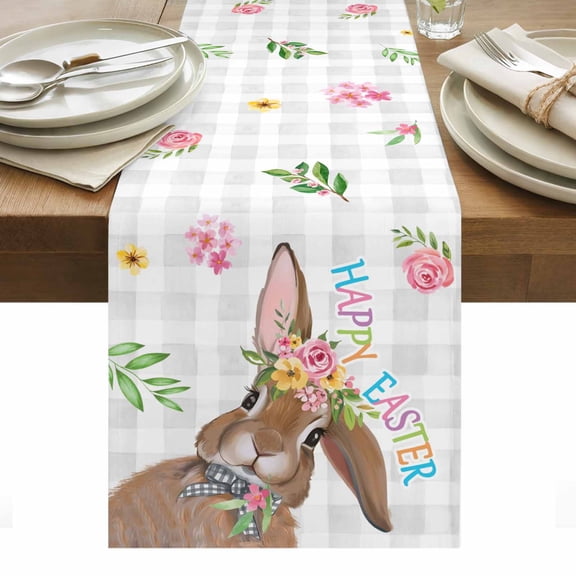 Bunny Easter Table Runner - 90 Inch Long, Kitchen Dining Table Runner Dresser Scarves, Rabbit Grey Plaid Farmhouse Floral Farmhouse Decor for Coffee Tables Wedding Party Banquet