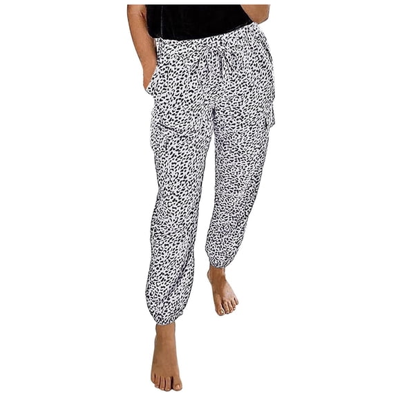 Fesfesfes Women Pant Leopard Print Legged Elastic Rope Pocket Decoration Casual Long Pants Under $10