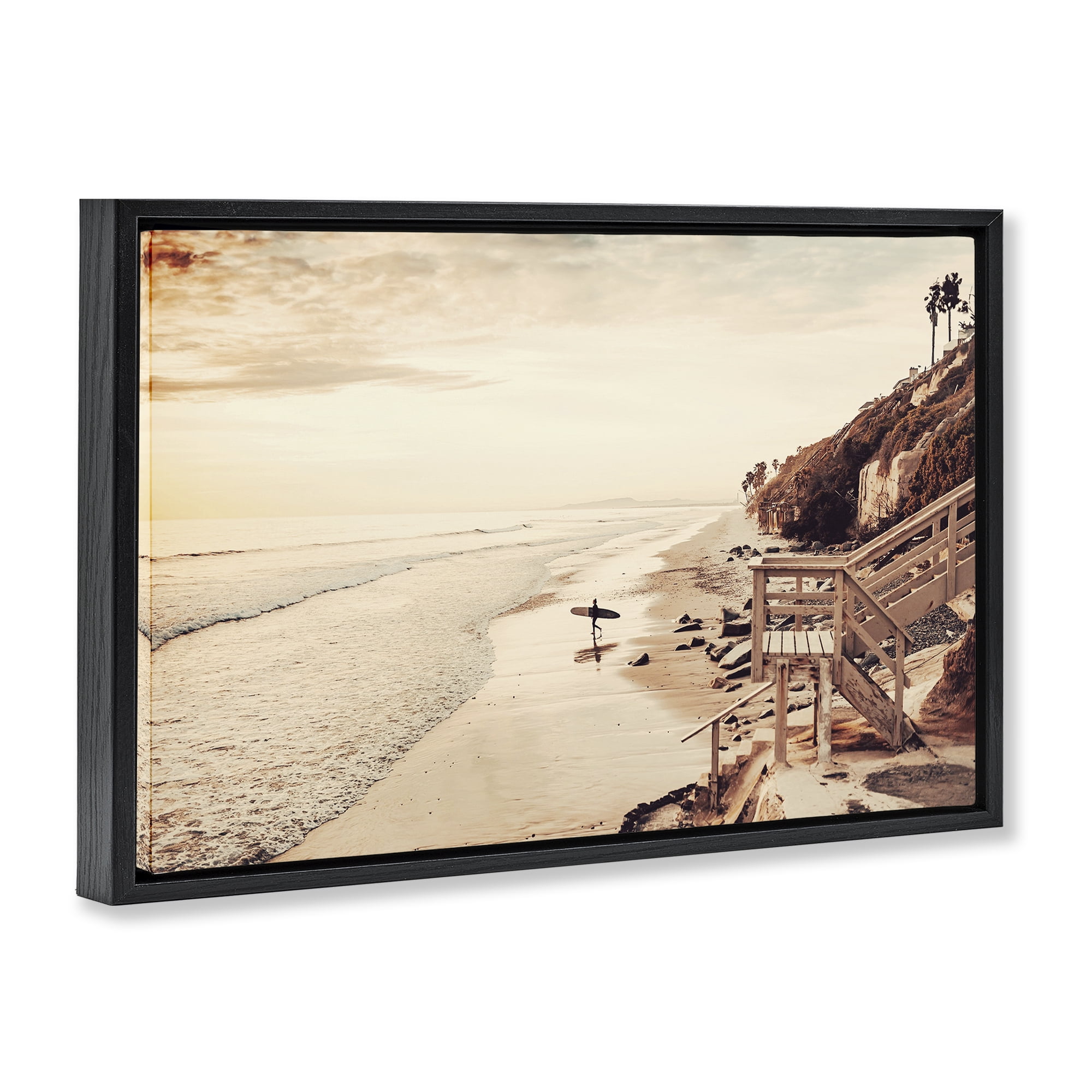 Stupell Industries Sunset & Surf Landscape Nautical & Beach Photography Black Floater Framed Canvas Art Print Wall Art, 25 x 17