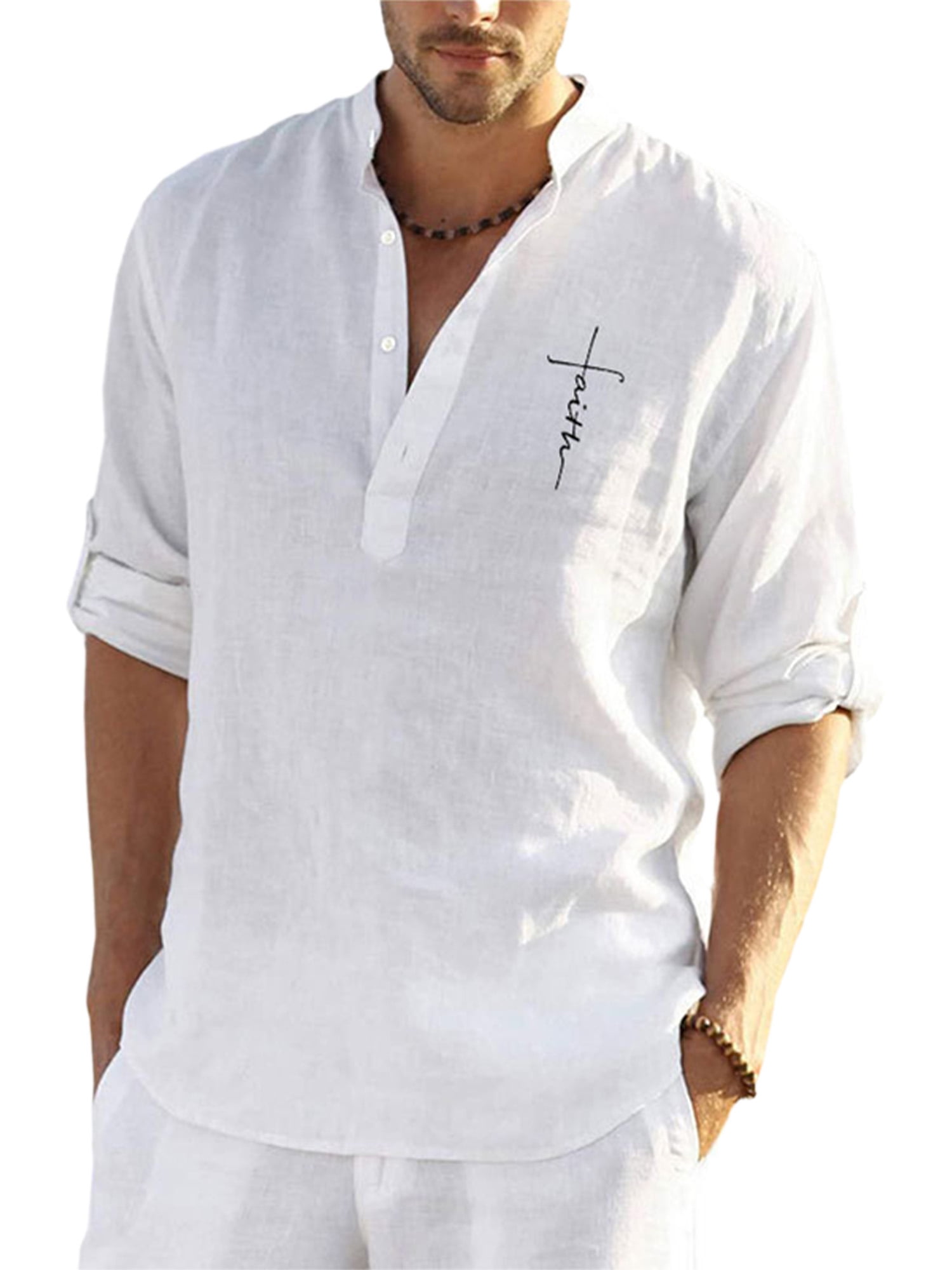 Frontwork Summer Beach Henley Linen Shirt Long Sleeve Loose Casual Roll Up Tops 3/4 Sleeve Solid T-Shirt -