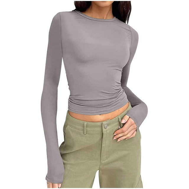 Pisexur Hauts d'Automne pour Femmes Manches Longues Hauts pour Femme Mode T-Shirts Courts Col Rond Décontractés Ajustés Blouses Unies Chandail Hauts Basiques d'Automne T-Shirts