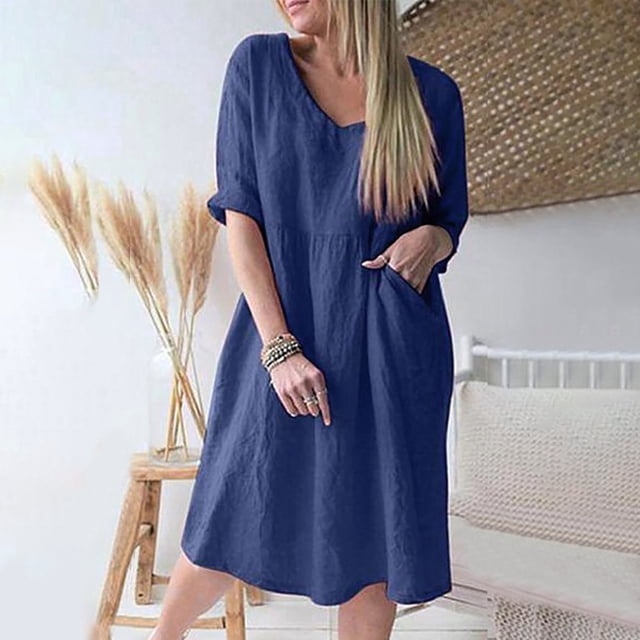 FcBaudy Robe à Manches Courtes Col Rond Longueur Genou, Robes d'Été pour Femmes, Robes Décontractées pour Femmes Couleur Unie Manches Trois-Quarts Col en V Longueur Genou Robe pour Femmes