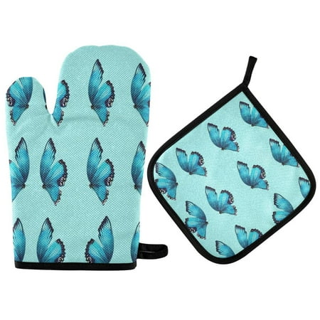 

2pcs kitchen insulation gloves Oven Mitts and Pot Holders Sets Heat Resistant kitchen insulation pad Turquoise Blue Butterfly Pattern