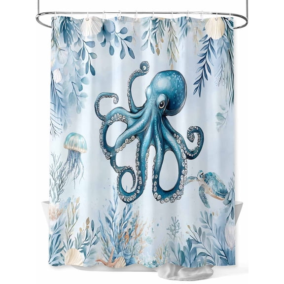 Fsddascl Blue Octopus Coastal Shower Curtain Set - Small 36" x 72" Washable Bathtub Curtain with 12 Hooks, Eucalyptus Leaves Botanical Waterproof Fabric Stall Shower Curtains for Bathroom/Bathtub
