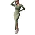 thumbnail image 5 of BAETEUY Women Spring Fall Dress V Neck Slit Hem Thread Slim Fit Long Sleeves Ankle Length Knitted Elastic Maxi Dress Shopping Dating Party Dress, 5 of 8