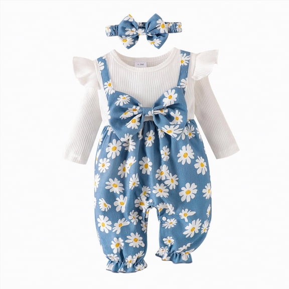 mgoYE Baby Girls Clothes 12 Months Newborn Infant Baby Girls Outfit Long Sleeve Ruffle Romper Floral Pants Headband Sets 0-18 Months(Blue,3-6 Months)