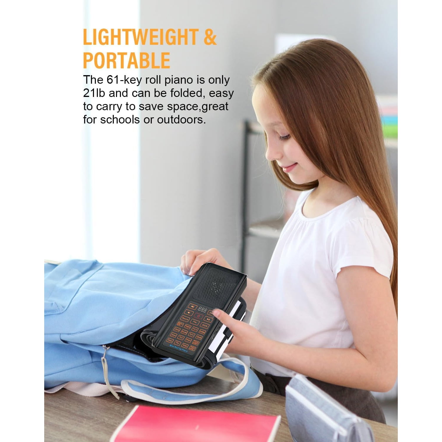 Roll Up 61 Keys Piano Keyboard with pedals, 128 Unique Tones Digital Electric Hand Roll Piano Keyboard with 1000mAh Rechargeable Battery for Kids Beginner