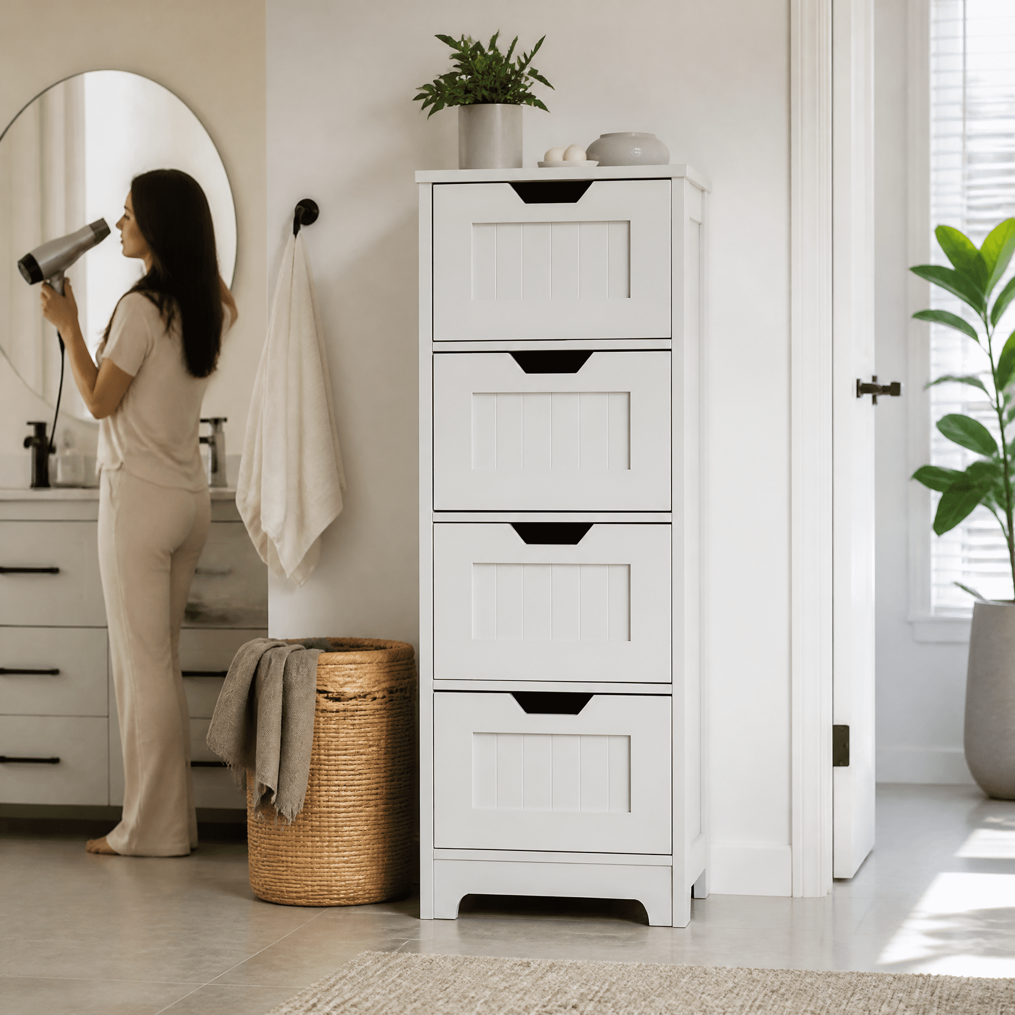 White Bathroom Storage Cabinet with 4 Deep Drawers, E1 MDF Construction, UV Scratch-Resistant Finish, Versatile Floor Cabinet for Bathroom Living Room