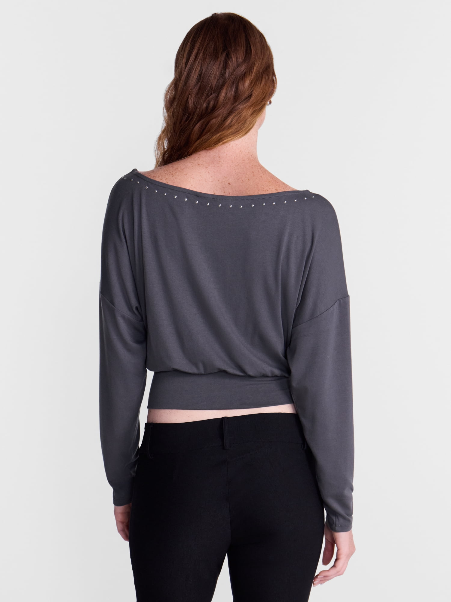 No Boundaries Banded Hem Top with Long Sleeves, Women's XXS-XXL
