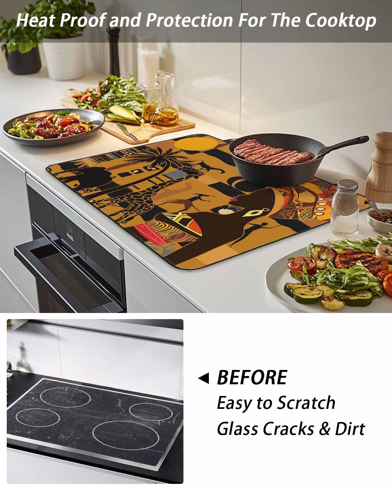 Stove Top Covers for Electric Stove, Black African Women Glass Stovetop Cover Protector, Boho Brown Elephant Giraffe Ethnic Induction Cooktop Protector Oven Mat for Kitchen Countertop 24"x21"