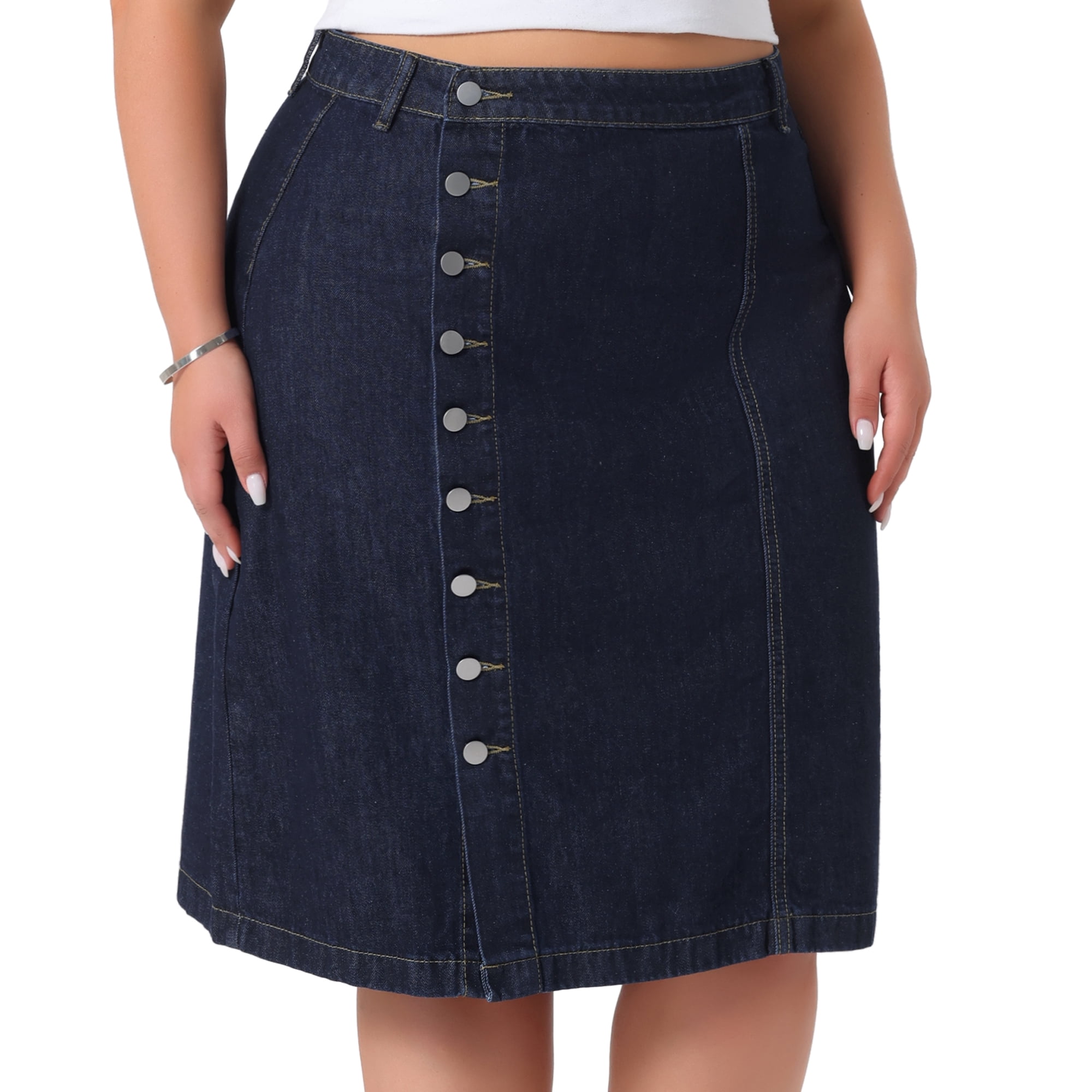 DARING DIVA Women's Plus Button Front High Waist A Line Midi Jean Skirt 1X Dark Blue