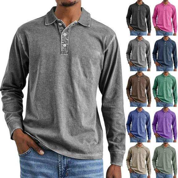Zimjoy Gray Polo Shirts for Men Cotton Retro Long Sleeve Tops Casual V Neck Distressed Button Down Shirt Collared Lightweight Fall Clothes Muscle Gym, Gray L