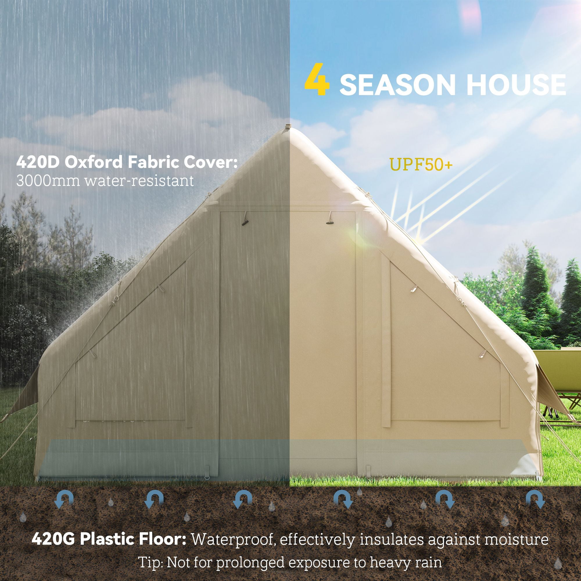 Outsunny Inflatable Camping Tent with Hand Pump, 4-6 Person 420D Oxford Fabric Blow Up Cabin Tent, 3000mm Waterproof & UPF50+ for Glamping, Sand, 118.1" L x 78.7" W x 78.7" H
