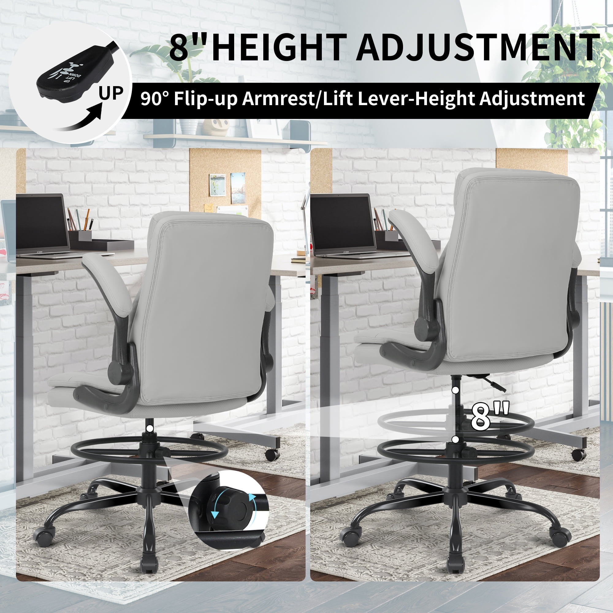 Misolant Tall Office Chair, Drafting Chair for Standing Desk, Executive Chair with Adjustable Height and Flip-up Armrest, Leather Drafting Chair, High Office Chair for Counter Height Desk