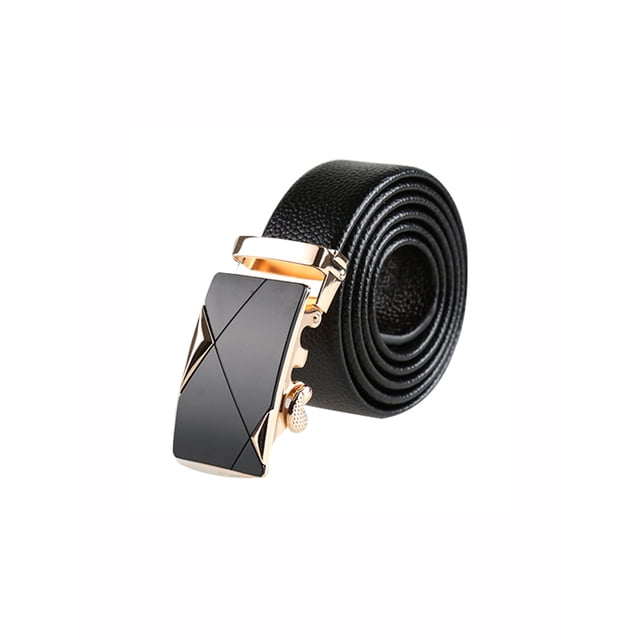 Cinturón de cuero para hombre Allegra K con hebilla deslizante automática Negro-Dorado Geométrico 125cm/34-41pulgadas