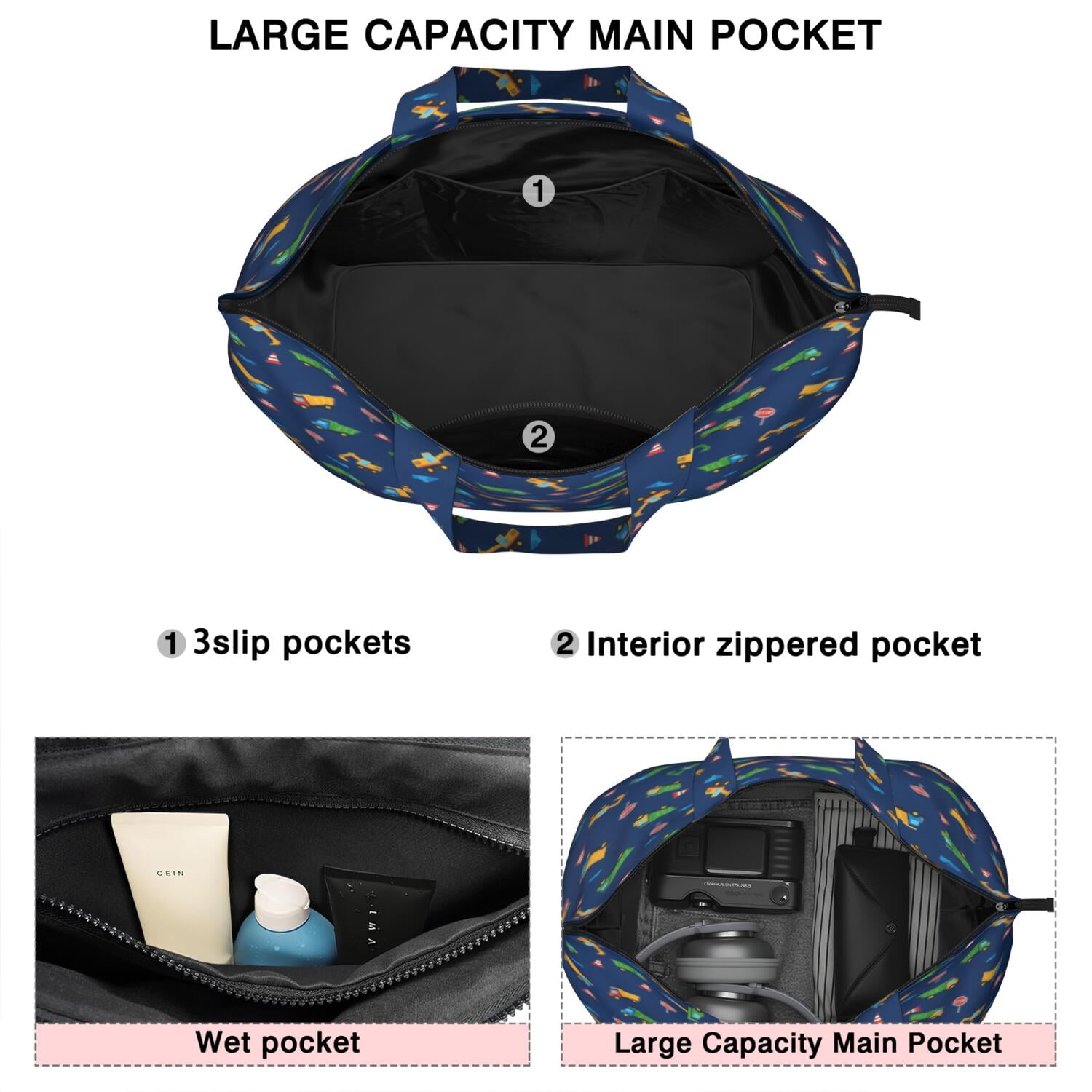 Cartoon Construction Vehicles Trucks Travel Tote Bags for Women Carry On,Large Weekender Bags for Women Travel,Multi Functional Duffle Bag for Work,Shopping,Sports