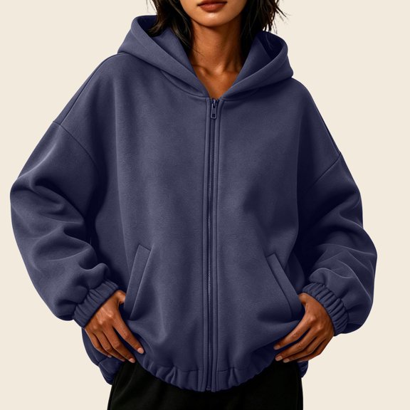 HappyYEE Full Zip Hoodies for Women, Fall Warm Hooded Jackets with Pockets, Loose Fits Long Sleeve Casual Zip Hooded Sweatshirt