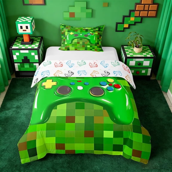 Erosebridal 3D Gaming Geometric Twin Bedding For Kids Gamer,Pixelated Miners Gamer Duvet Cover Set For Boys,Reversible 2-Piece,No Comforter
