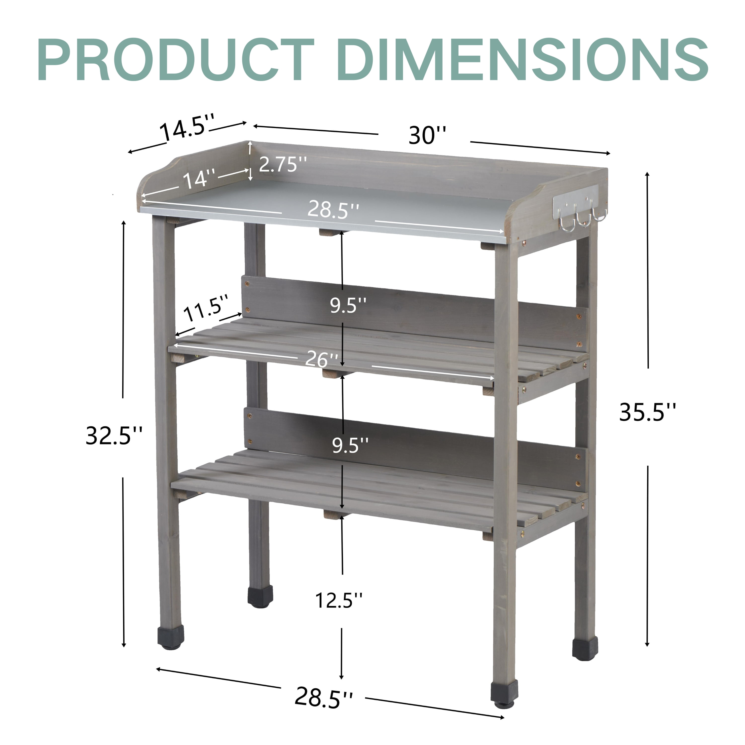 Outdoor Wooden Potting Bench Table with Metal Tabletop,3 Layers Outdoor Work Bench for Garden,Garage,Grey