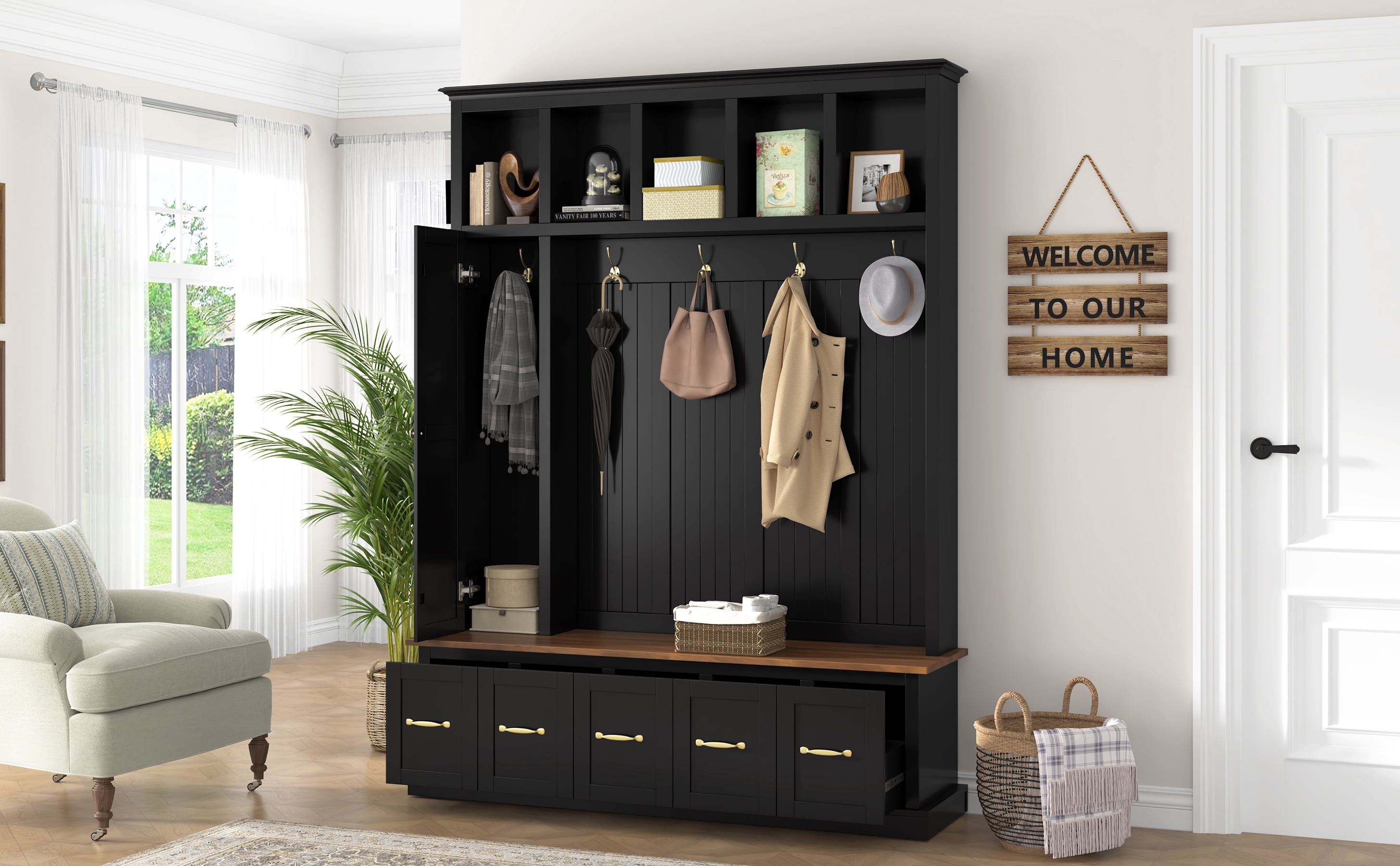 Mintazer 78.7” Tall Farmhouse Entryway Hall Tree with Coat Rack Hooks, 2 Closet, 5 Drawers & Shoe Storage Bench for Living Room, Bedroom, Hallway, Black