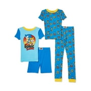 Sonic the Hedgehog Boys' Cotton Short Sleeve Top, Long Pants, and Shorts, 4-Piece PJ Set, Sizes 4-10