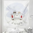 thumbnail image 1 of White Tapestry, Just Married Retro Hand Writing Bride and Groom in Car Cans Birds Celebration, Fabric Wall Hanging Decor for Bedroom Living Room Dorm, 5 Sizes, Grey Red White, by Ambesonne, 1 of 1