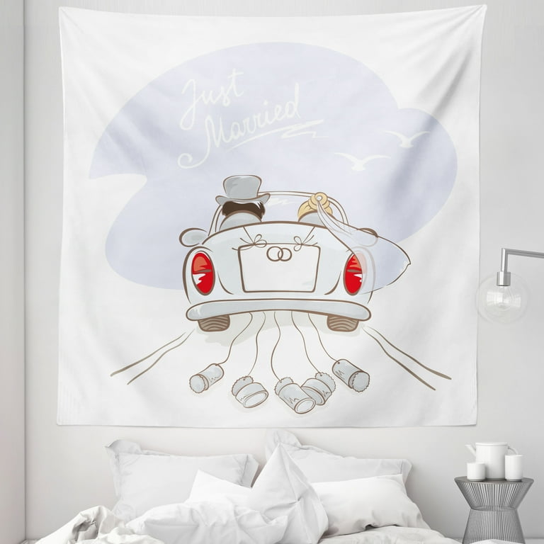 White Tapestry, Just Married Retro Hand Writing Bride and Groom in Car Cans  Birds Celebration, Fabric Wall Hanging Decor for Bedroom Living Room Dorm,  ...