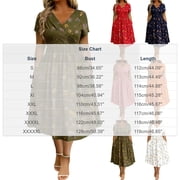 CHGBMOK Vintage Floral Wrap Midi Dress Women High Waist Tummy Control Short Sleeve Pocket Flowy Sundress S-5XL Elegant Dress for Wedding Party Daily Travel