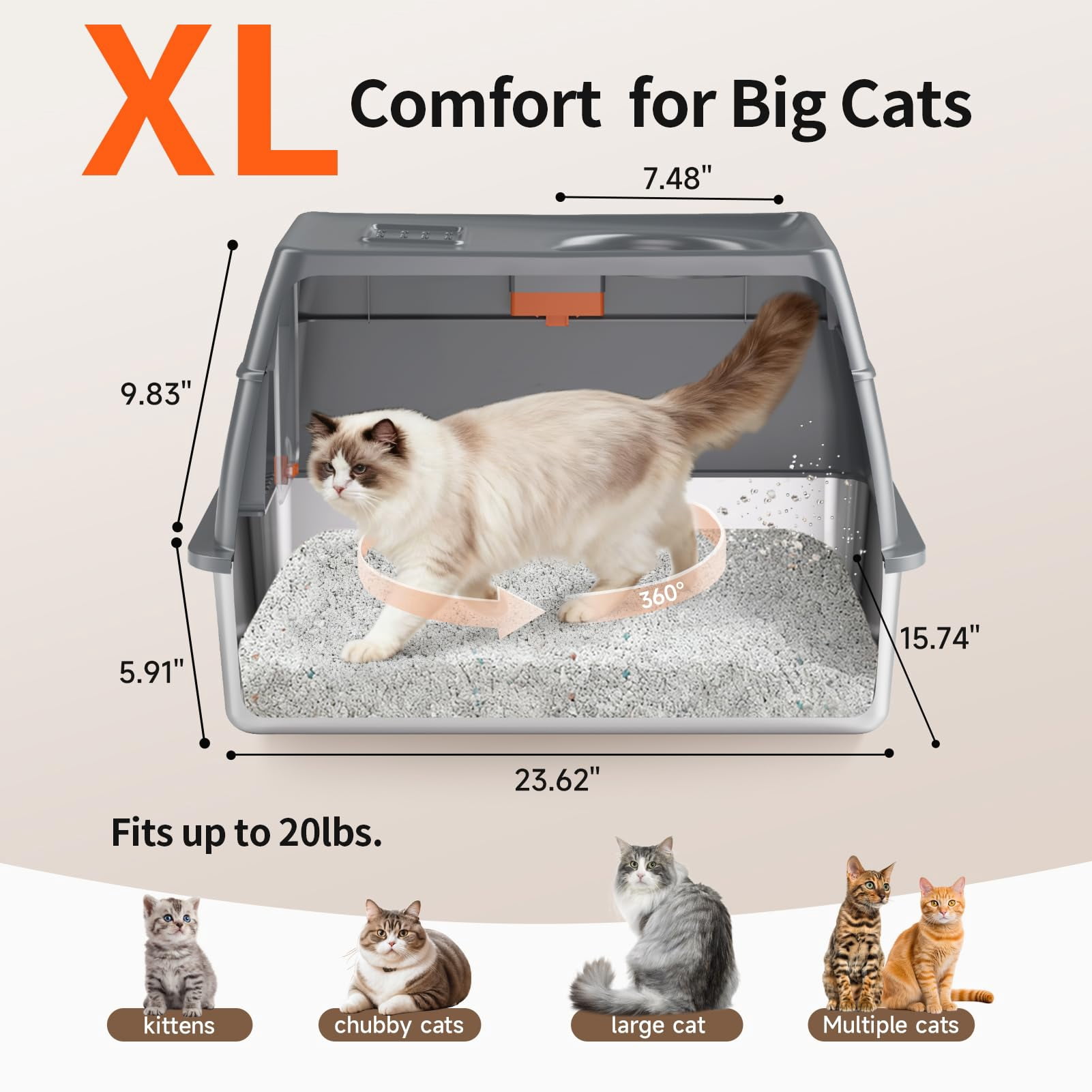 Extra Large Stainless Steel Litter Box With Lid  High Sided Enclosed Metal Cat Pan Dog Proof Front Entry Top Exit Odor Control Easy Clean Leak Includes Mat Scoop & Step Grey