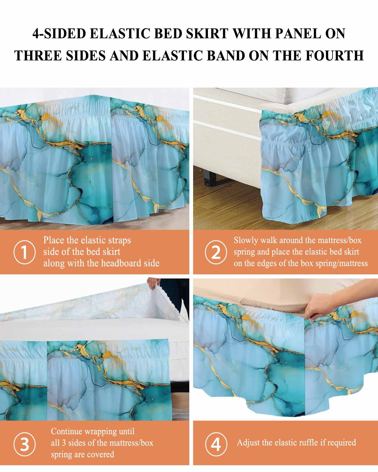 Teal Marble Wrap Around Bed Skirts for Queen Bed 16" Drop,Bed Skirt with Adjustable Elastic Belt Dust Ruffle Bed Valance for Bedroom Hotel Luxury Modern Ink Painting Luxury Modern Art Bed Frame Cover
