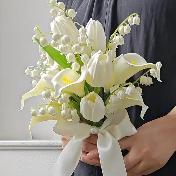 High-end bridal bouquets with tulips, lilies of the valley and artificial flowers; bouquets for wedding photography; bouquets for marriage certificates.