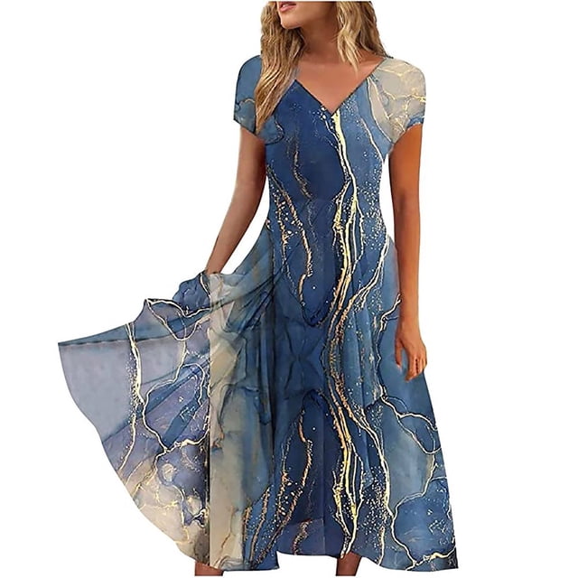 QJUHUNG Robe Midi Formelle pour Femmes Soirée Été Col en V Manches Courtes T-Shirt Soirée Invité de Mariage Style Asymétrique B-8 Cocktail Gris_i L