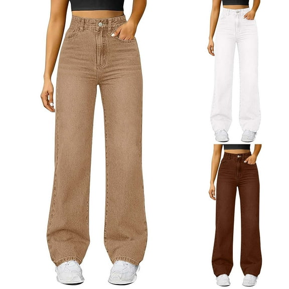 dmqupv Women's Wide Leg Jeans High Waisted Stretchy Straight Leg Jeans Buttoned Loose Denim Pants with Pocket White,Size for XXL