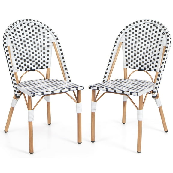 Gymax French Bistro Chair Set of 2 w/ Hand-woven Rattan Galvanized Metal Frame Outdoor
