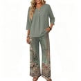 thumbnail image 5 of Vintage Ditsy Floral Print Two Piece Set for Women, 3/4 Sleeve Button Down Top & Wide Leg Pants - Retro Boho Casual Lounge Outfit with Flowy Trousers Army Green L, 5 of 7