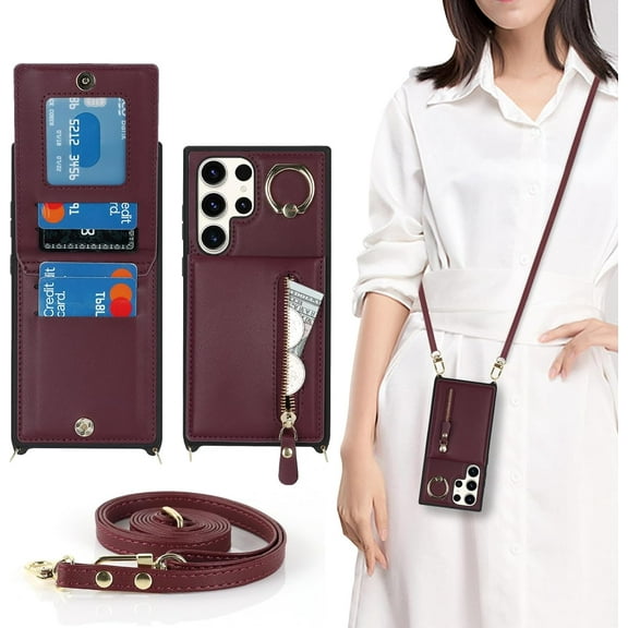 Samsung Galaxy S23 Ultra 5G Phone Case for Women with Card Holder,Samsung S23 Ultra Case Wallet Crossbody Lanyard with Strap,Credit Card Slots Kickstand Case with Ring Holder,6.8 Inch,Burgundy