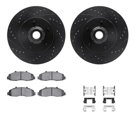 Dynamic Friction Company Front Brake Rotors-Drilled and Slotted-Black with Heavy Duty Brake Pads includes Hardware 8212-99130