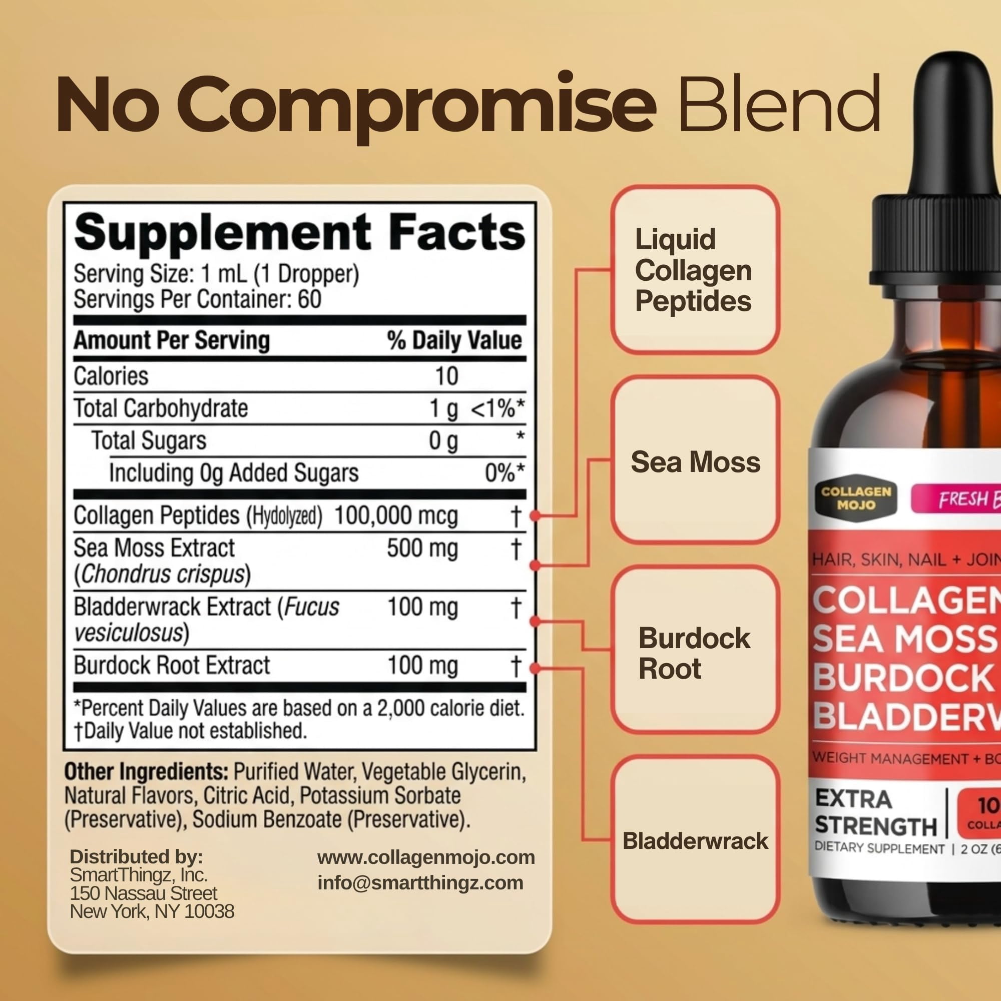 Liquid Collagen Peptides with Sea Moss, Burdock Root & Bladderwrack - High Potency/Absorption Formula. Hair, Skin, Nail + Joint Support. Weight Management & Immunity Booster – Collagen Mojo - 2 oz.
