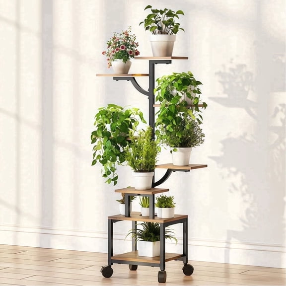 Mogaath Indoor Plant Stand with Grow Lights,8-Tiered Plant Shelf with Wheels,42" Metal and Wood Plant Rack for Living Room,Garden,Patio,Balcony
