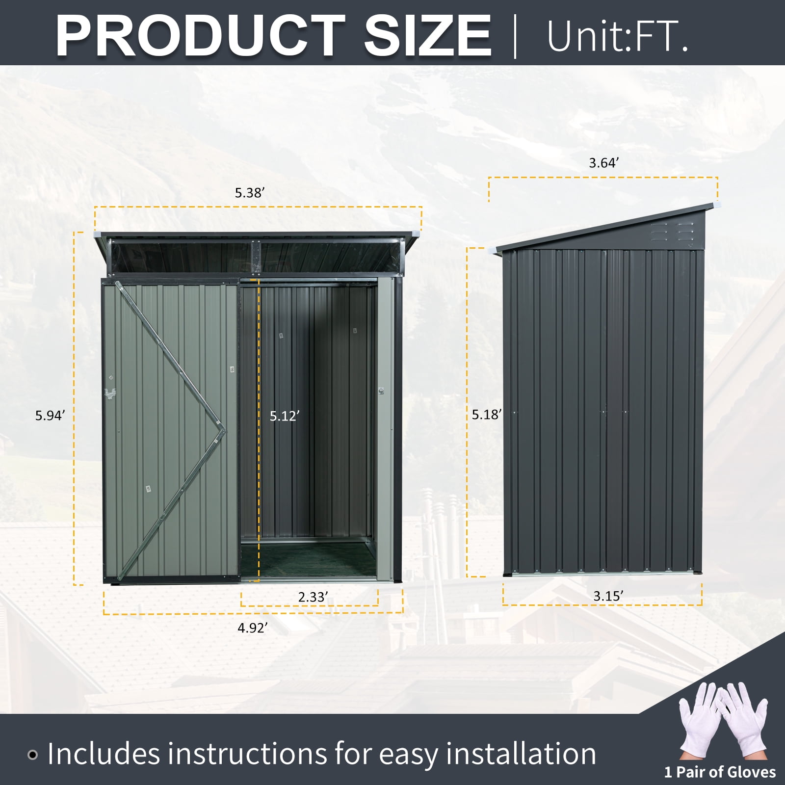 CarButler 5x3ft Metal Outdoor Storage Shed with Transparent plate and Lockable Door for Garden Backyard Patio Lawn Gray