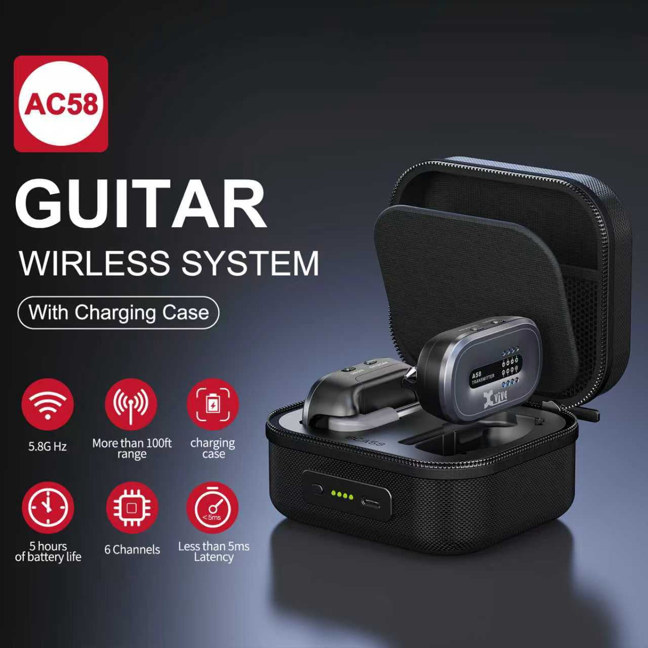 Xvive AC58 Wireless Guitar System 5.8G A58 Wireless Guitar Transmitter and Receiver with Charging Case