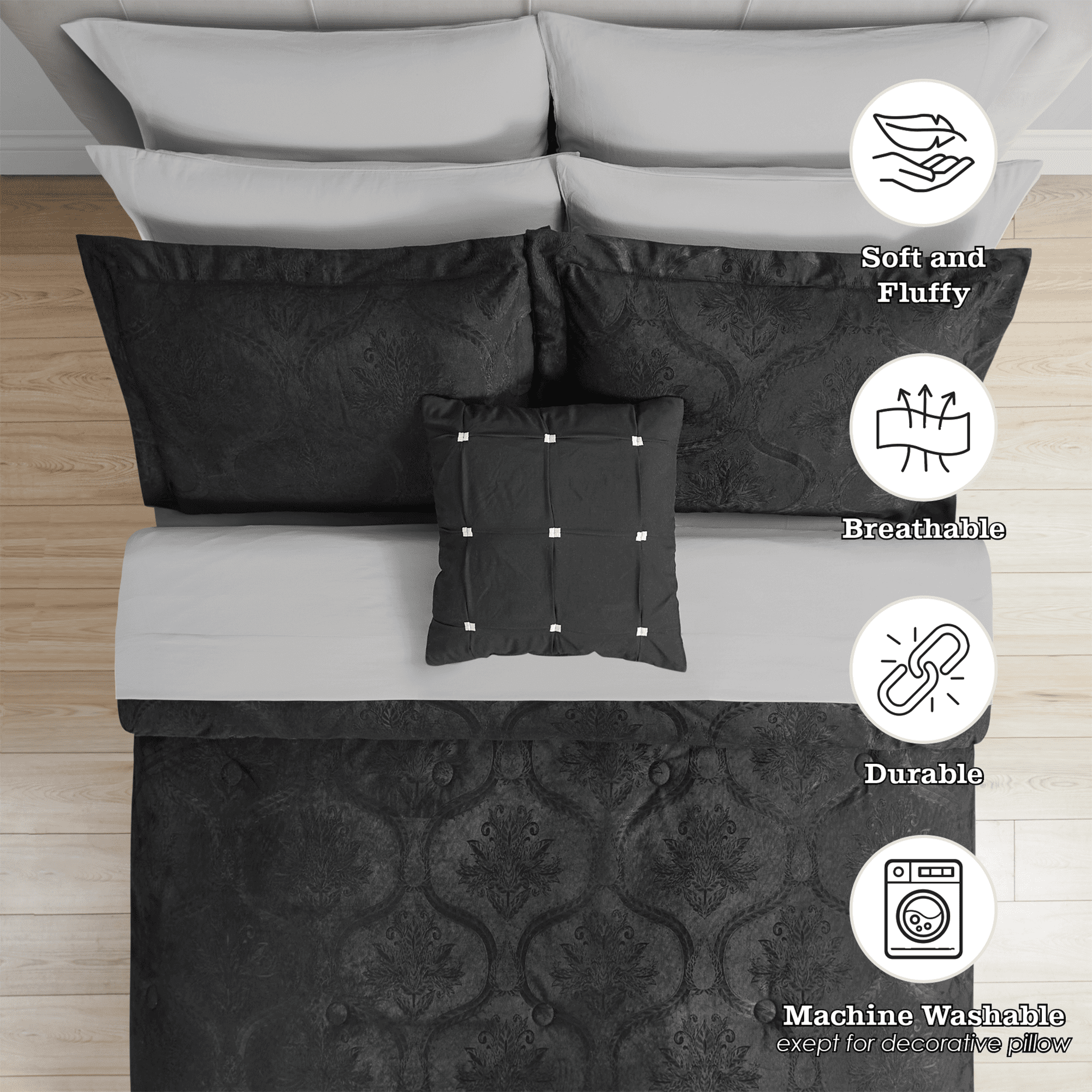 Mainstays 11-Piece Bed in a Bag Comforter Set with Sheets, Black Velvet, Double, MAINSTAYS PL MS11PC BNB BLKVEL D