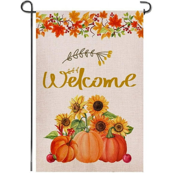 Welcome Fall Burlap Garden Flag Double Sided Vertical Yard Lawn Outdoor Pumpkin Sunflower Autumn Maple Leaves Decorative for Autumn and Thanksgiving Day 12.5x18.5 inch (Not Included Stand)