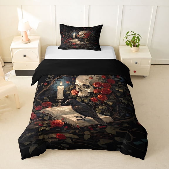 Homewish Halloween Sugar Skull Twin Duvet Cover,Red Rose Twin Bedding,Gothic Aesthetic Comforter Cover,Black Reversible,2 Pieces,1 Duvet Cover and 1 Pillowcase
