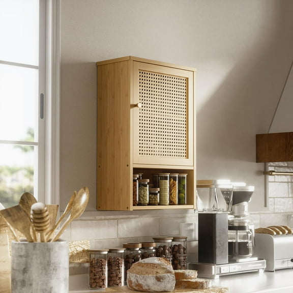 Bathroom Wall Cabinet, Bamboo Over Toilet Storage Organizer with Rattan Doors and Adjustable Shelves