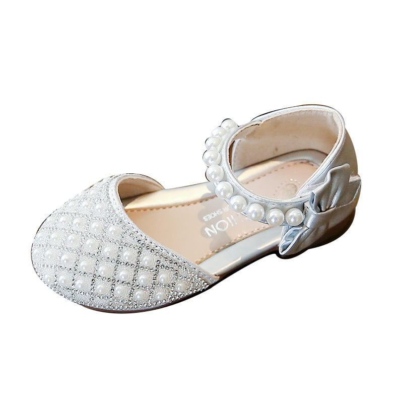 waitFOR Girls Pearl Bowknot Crystal Princess Shoes Baby Elegant Party Dance Shoes Closed Round Toe Sandals Kids Bling Flat Shoes Toddler Anti-slip Prewalkers Soft Sole Walking Shoes 